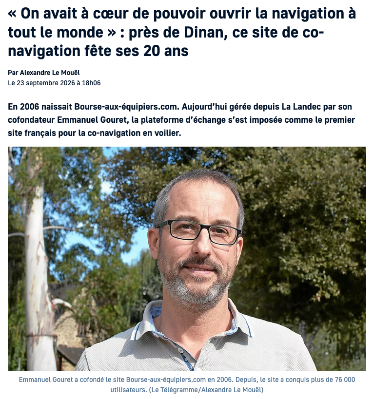 Aperçu de l’article du Télégramme du 23 septembre 2026, avec le portrait d’Emmanuel Gouret